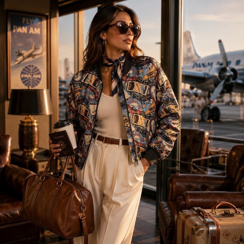 Vintage Lavon Silk Bomber Jacket M Travel Aviation Print Global Airlines Retro